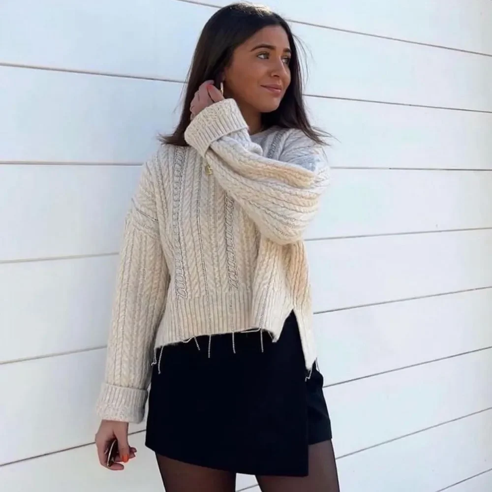 ZARA RHINESTONE OPENWORK KNIT SWEATER